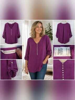 Soft Surroundings XL Purple Lyocell Button Front Roll Tab Sleeve Tunic Blouse